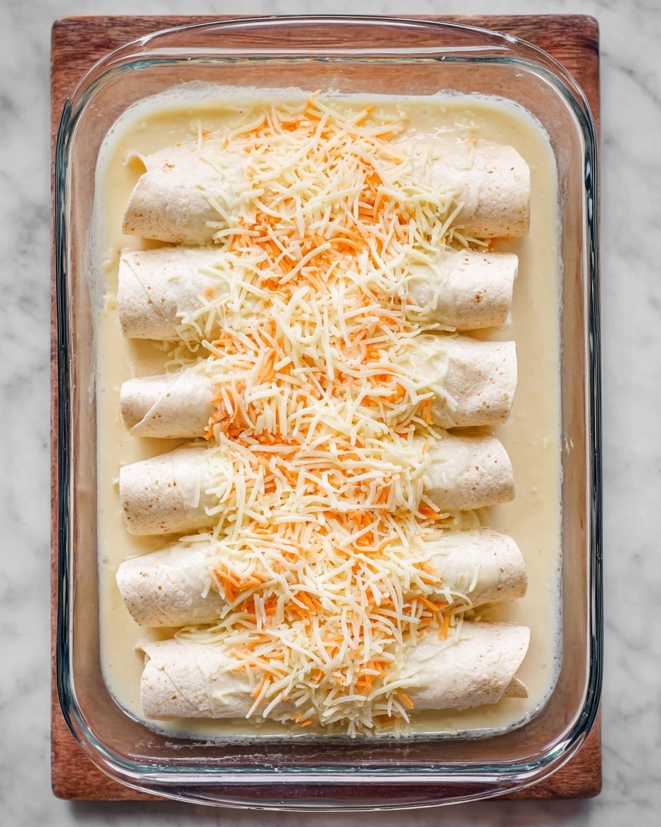 A clear rectangular glass baking dish sits on a white marbled surface filled with a layer of smooth pale creamy sauce covering the bottom. Inside the dish, there are eight rolled white tortillas neatly arranged in two rows, side by side. On top of the tortillas, there is a generous pile of shredded cheese in two colors: pale white and light orange, spread evenly down the center, leaving the tortilla edges visible on both sides. The dish has a clean, fresh look with the sauce gently pooling around the tortillas. Photo taken with an iphone --ar 4:5 --v 7