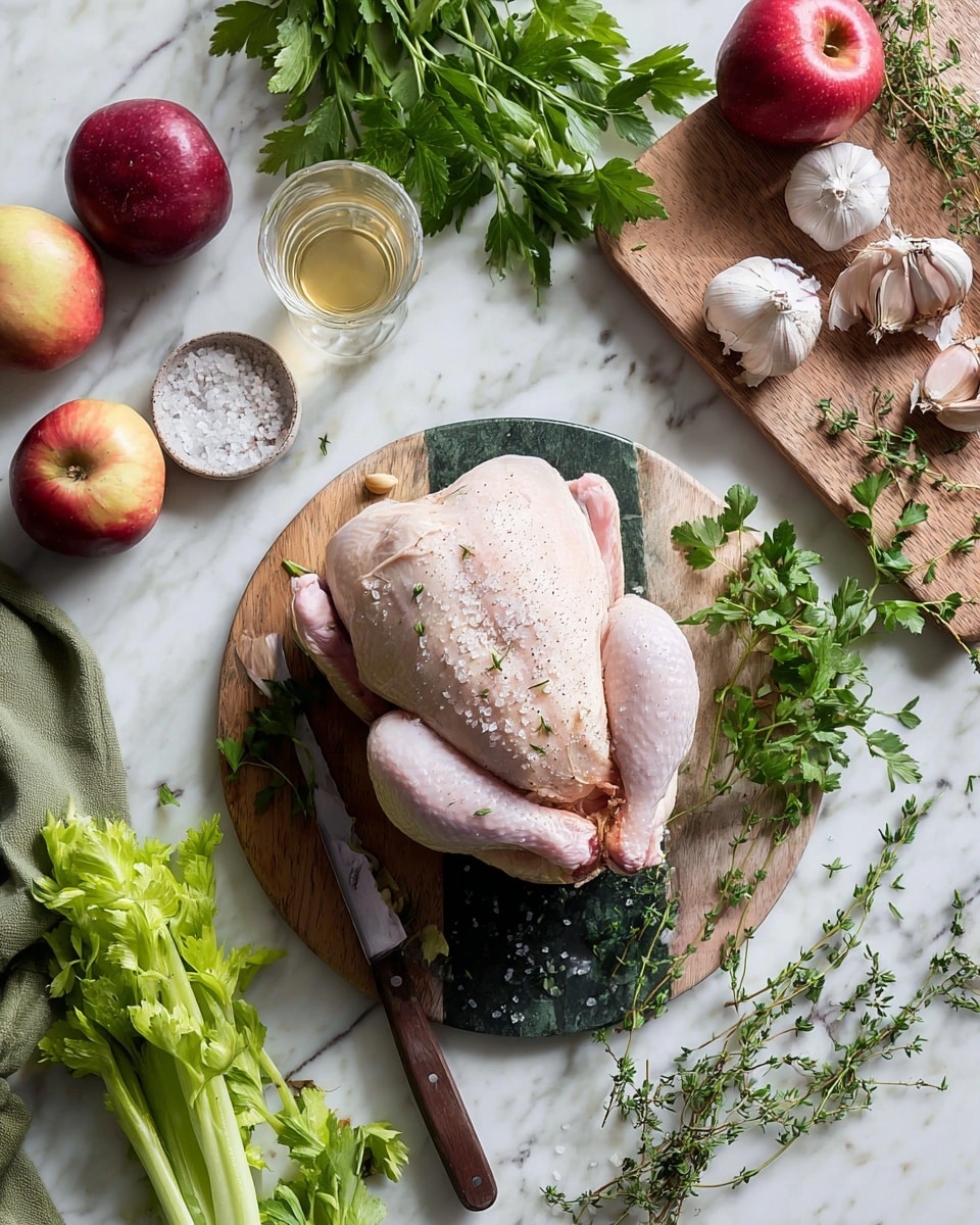 A raw whole chicken with a pale pink skin sprinkled with coarse salt sits centered on a round cutting board split into dark green marble and light brown wood sections, with a knife resting beside it. Surrounding the board are fresh green herbs like parsley and celery stalks on a white marbled surface. To the top right, a wooden cutting board holds garlic bulbs, shallot halves revealing their white and purple layers, and sprigs of thyme. Two red apples and one apple halved are positioned near the top left. Nearby is a small bowl of coarse salt and a glass with light golden liquid. A green towel lies folded at the bottom left corner. The photo taken with an iphone --ar 4:5 --v 7