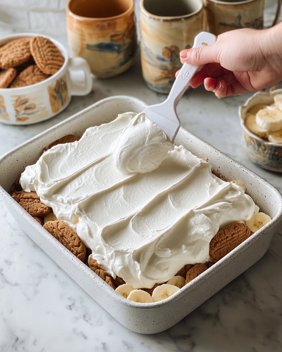The image shows a white rectangular baking dish filled with a dessert arranged in two visible layers. The bottom layer is a creamy white spread that covers the whole base. On top of this layer, rectangular brown biscuits are laid side by side, covering the surface evenly. The top layer consists of round banana slices scattered mostly over the biscuits, creating a contrast with their pale yellow color against the brown biscuits and white cream. The dish sits on a white marbled surface. Photo taken with an iphone --ar 4:5 --v 7