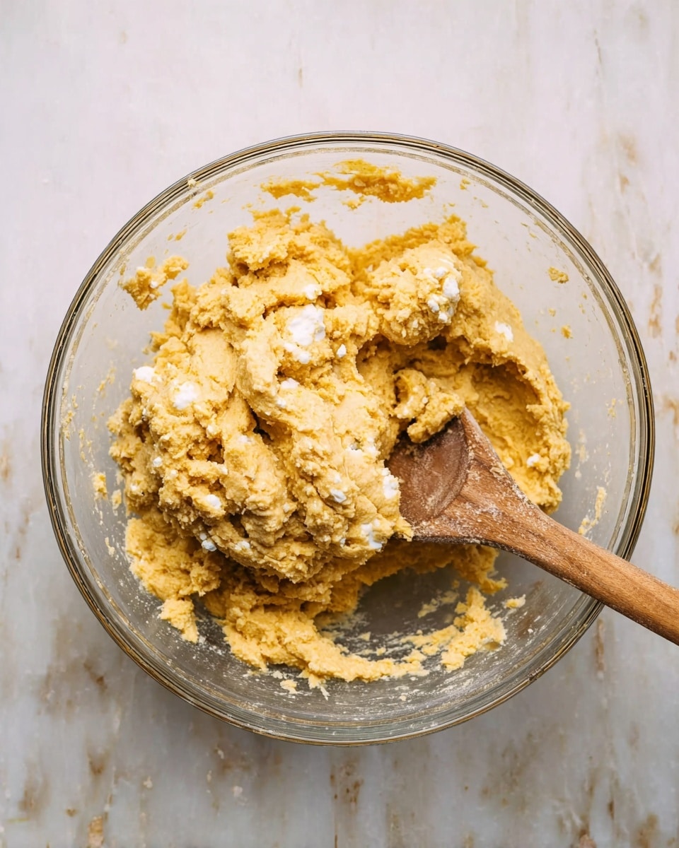 A clear glass bowl sits on a white marbled surface filled with thick, golden yellow dough mixed with small white bits throughout. A wooden spoon is partially buried in the dough, showing its thick texture, with some dough clinging to the spoon and edges of the bowl. The scene looks clean and simple with the dough as the main focus. Photo taken with an iphone --ar 4:5 --v 7
