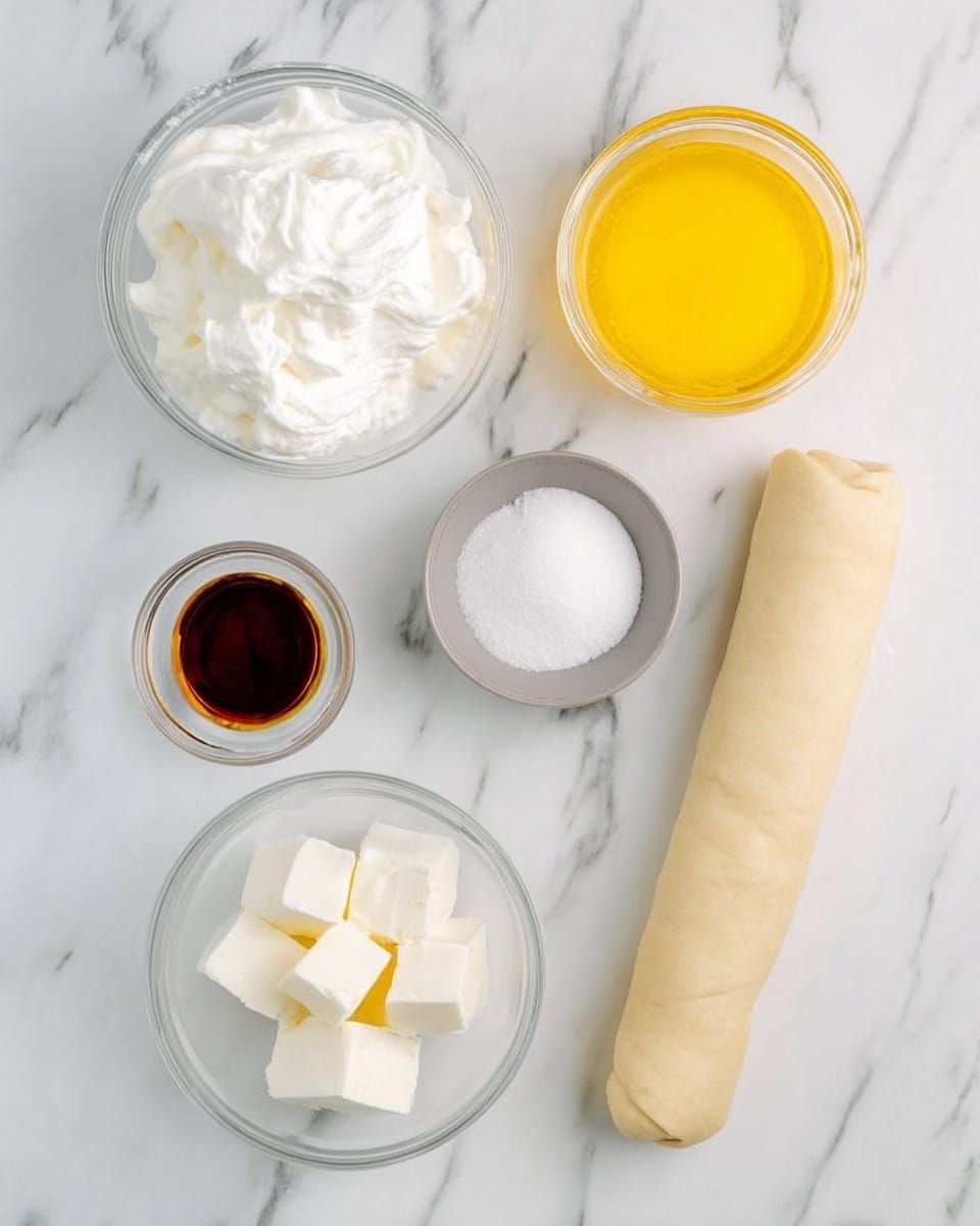 The image shows a white marbled surface with six items arranged evenly: a clear glass bowl filled with fluffy white whipped cream at the top left, a clear glass jar with bright yellow melted butter at the top right, a small white bowl with fine white sugar in the center, a small gray dish with dark brown vanilla extract on the left below the whipped cream, a clear glass bowl with several white cream cheese cubes at the bottom left, and a long, rolled tube of pale beige dough resting vertically on the right side. Each item is clearly separated, giving a clean and organized look photo taken with an iphone --ar 4:5 --v 7
