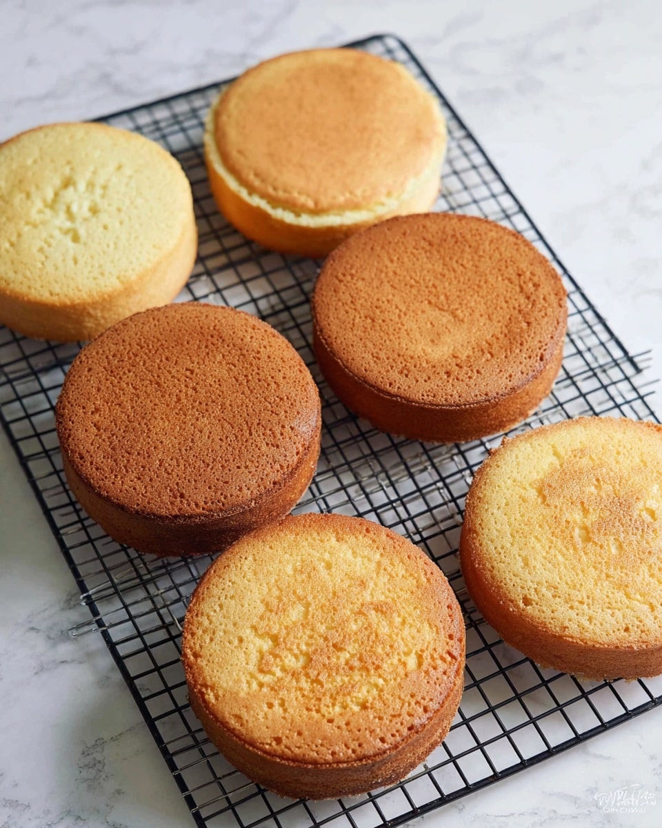 Six round yellow sponge cake layers are arranged on a black cooling rack. The cakes vary slightly in shade, from light golden to a deeper golden brown, with soft cracked textures on their tops. The cooling rack sits on a white marbled surface, giving a clean and bright background to the cakes. photo taken with an iphone --ar 4:5 --v 7