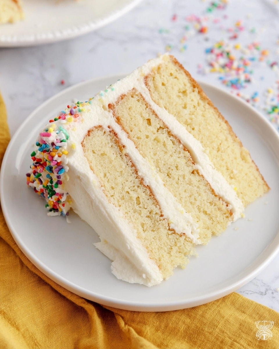 A slice of three-layer vanilla cake on a white plate sits on a white marbled surface. Each cake layer is light golden with a soft texture. Between each layer is a thick layer of white creamy frosting. The entire top and sides of the cake slice are covered with white frosting decorated with small colorful sprinkles. A yellow cloth is partially visible near the plate. Photo taken with an iphone --ar 4:5 --v 7