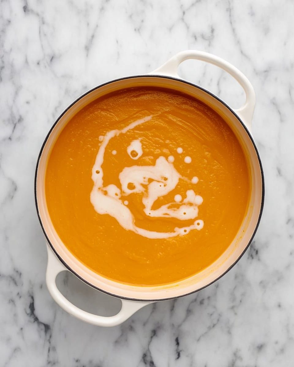 A white round pot with two handles is filled with smooth orange soup that has a creamy texture. On top of the soup is a swirl of white cream, spreading softly in a loose circular pattern, with a few small droplets inside the swirl. The pot is placed on a white marbled surface, showing some dark grey and black veins. The photo is taken from above, centered perfectly on the pot photo taken with an iphone --ar 4:5 --v 7