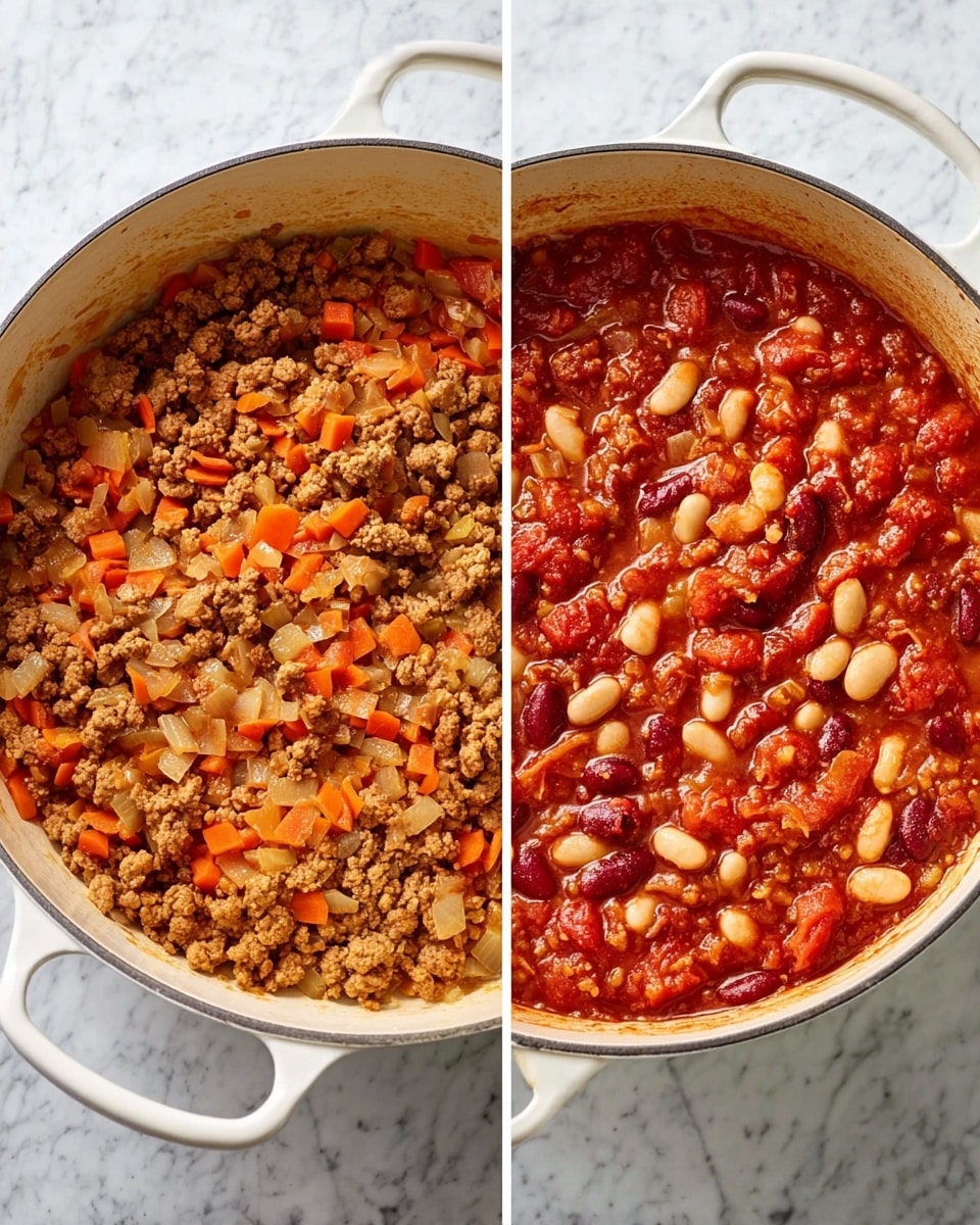 Two close-up images show the cooking stages of a chili dish in a large white pot with two handles. The first image shows a cooked mixture with small pieces of light brown meat, diced orange bell peppers, and translucent chopped onions stirred together and spread evenly inside the pot. The second image shows the same pot filled with a rich red chili stew containing the previous cooked meat and vegetables, along with white beans and chunks of red tomatoes, with a thick yet slightly liquid texture. Both images have a white marbled surface underneath. Photo taken with an iphone --ar 4:5 --v 7