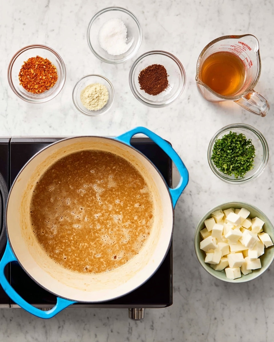 A large white pot with bright blue handles sits on a black electric stove, filled with a light brown simmering mixture. Surrounding the pot are small glass bowls and containers set on a white marbled surface: an orange paste in one, a small piece of butter, light brown powder, dark brown powder, and white granules in others. On the right side, there is a glass measuring cup of light brown liquid, a small bowl of green seeds, chopped green herbs in another small bowl, and a bowl with small white cube pieces. photo taken with an iphone --ar 4:5 --v 7