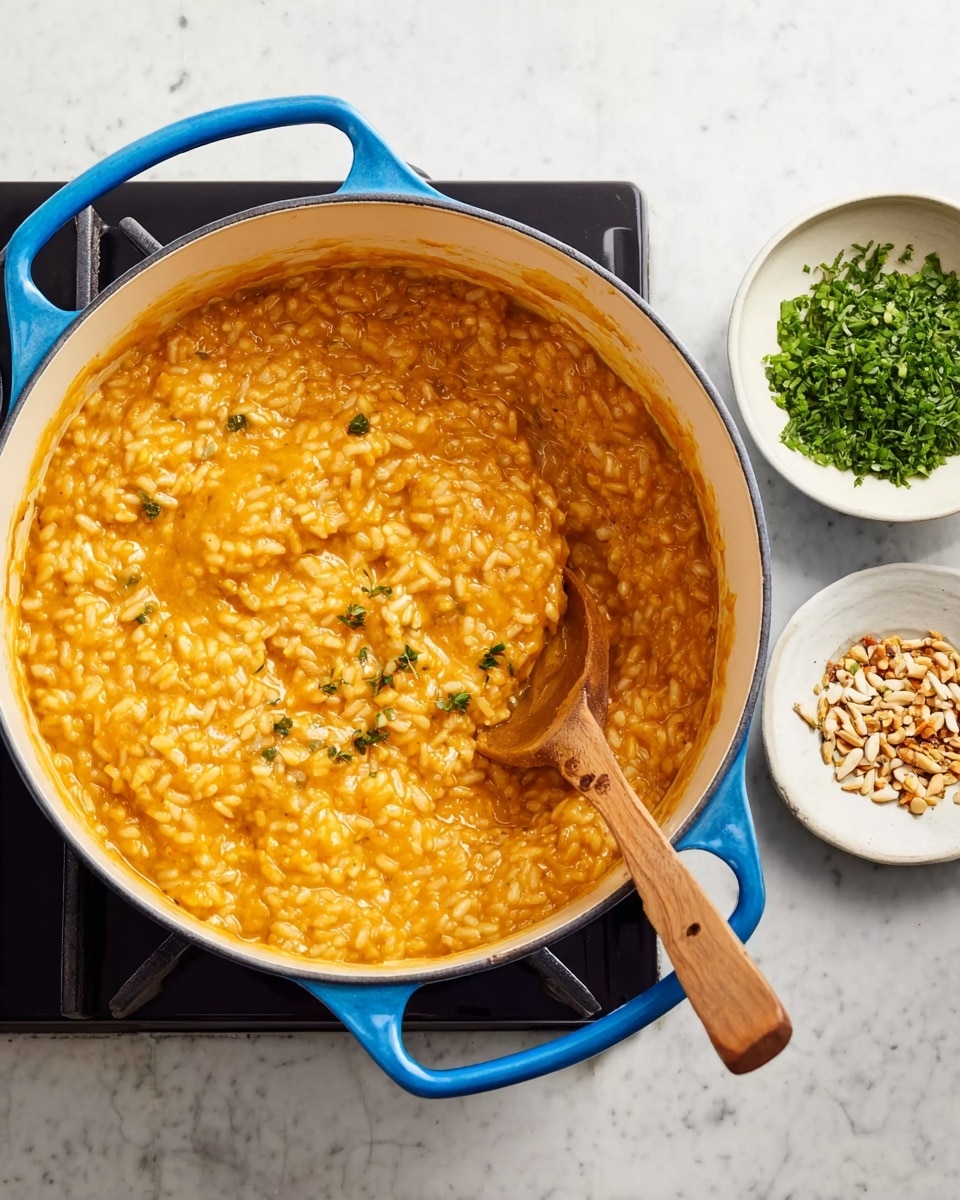 A large blue pot filled with thick orange risotto with visible grains, being stirred by a wooden spoon showing creamy texture. The pot sits on a black stove against a white marbled surface. To the right of the pot, there are two small white bowls, one filled with green chopped herbs and the other with toasted seeds or nuts. The scene focuses on the pot and the stirring spoon, highlighting the rich, creamy risotto. Photo taken with an iphone --ar 4:5 --v 7