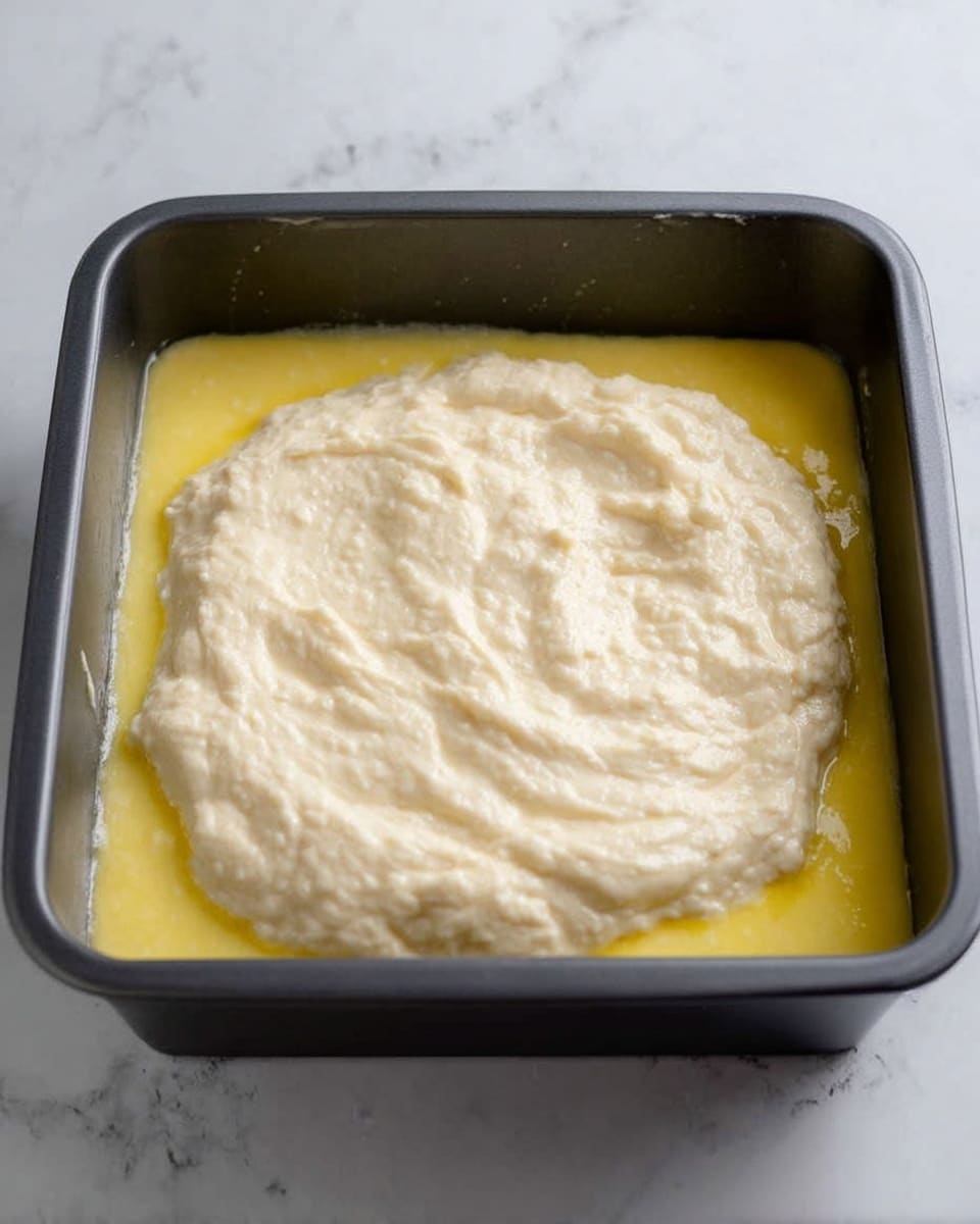A square gray pan with a thick layer of rough, pale dough covered in small bubbles rests on a white marbled surface. The dough is divided into nine equal parts with visible cuts, sitting in a pool of golden liquid that surrounds the edges. In the upper right corner, a glass mixing bowl with some remaining pale dough and a wooden spatula is partially visible, and a clear glass bowl is seen in the upper left corner. The scene is bright and clean, focusing on the raw dough and its texture. photo taken with an iphone --ar 4:5 --v 7
