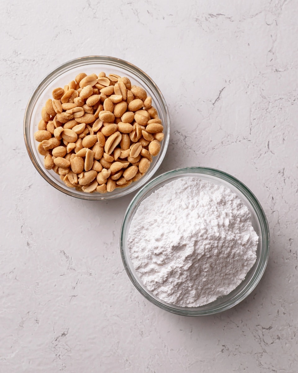 Two clear glass bowls sit side by side on a white marbled texture. The glass bowl on the left is filled with light brown, smooth peanuts with a dry texture, filling the bowl nearly to the top. The glass bowl on the right is filled with a white powdery substance, smooth and even, almost full. The scene is bright and clear, showing the simple contrast of textures and colors between the peanuts and powder. Photo taken with an iphone --ar 4:5 --v 7