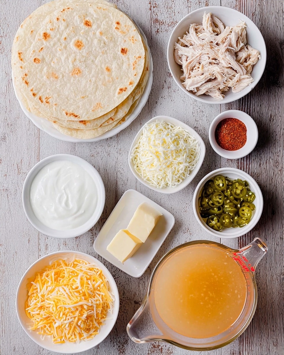 The image shows ingredients neatly arranged on a white marbled surface. In the top left, there is a stack of three soft, round tortillas with a light golden brown texture. Below them, several small white bowls hold different items: shredded white cheese, sour cream with a smooth and creamy texture, shredded cooked chicken in thin strips, and softened butter cut into cubes. Small white dishes contain a bright red spice, a light beige powder, chopped green chilies with visible seeds, and a mix of salt and pepper. A clear glass measuring cup filled with light orange broth is placed at the bottom right. All the ingredients are laid out separately and clearly for easy viewing. Photo taken with an iphone --ar 4:5 --v 7
