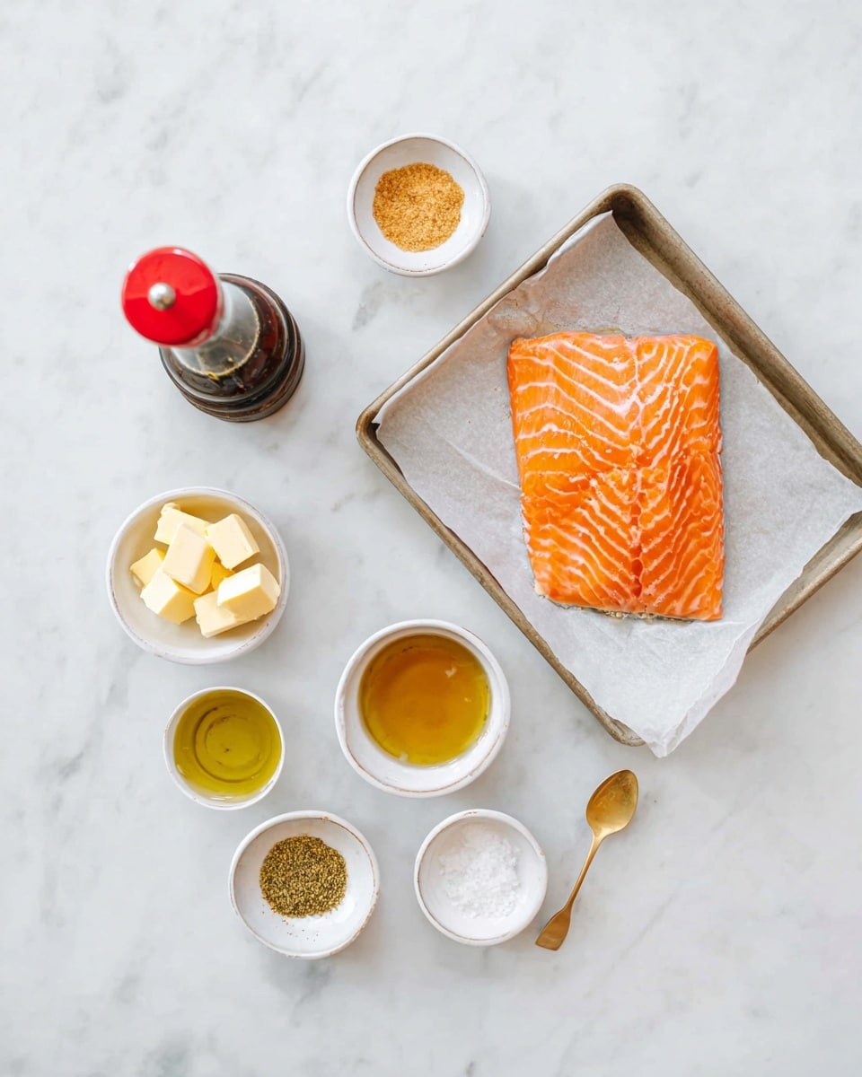 A piece of bright orange raw salmon with white streaks lies on a sheet of parchment paper inside a metal baking tray placed on the upper right of a white marbled surface. Around it are small white bowls and dishes holding golden brown sugar, light yellow cubes of butter, pale yellow mustard, golden honey, and light green oil. A small white container holds white salt with a gold spoon, and a dark brown pepper grinder stands beside a small bottle of dark soy sauce with a bright red cap, all arranged neatly on the left side of the surface. photo taken with an iphone --ar 4:5 --v 7