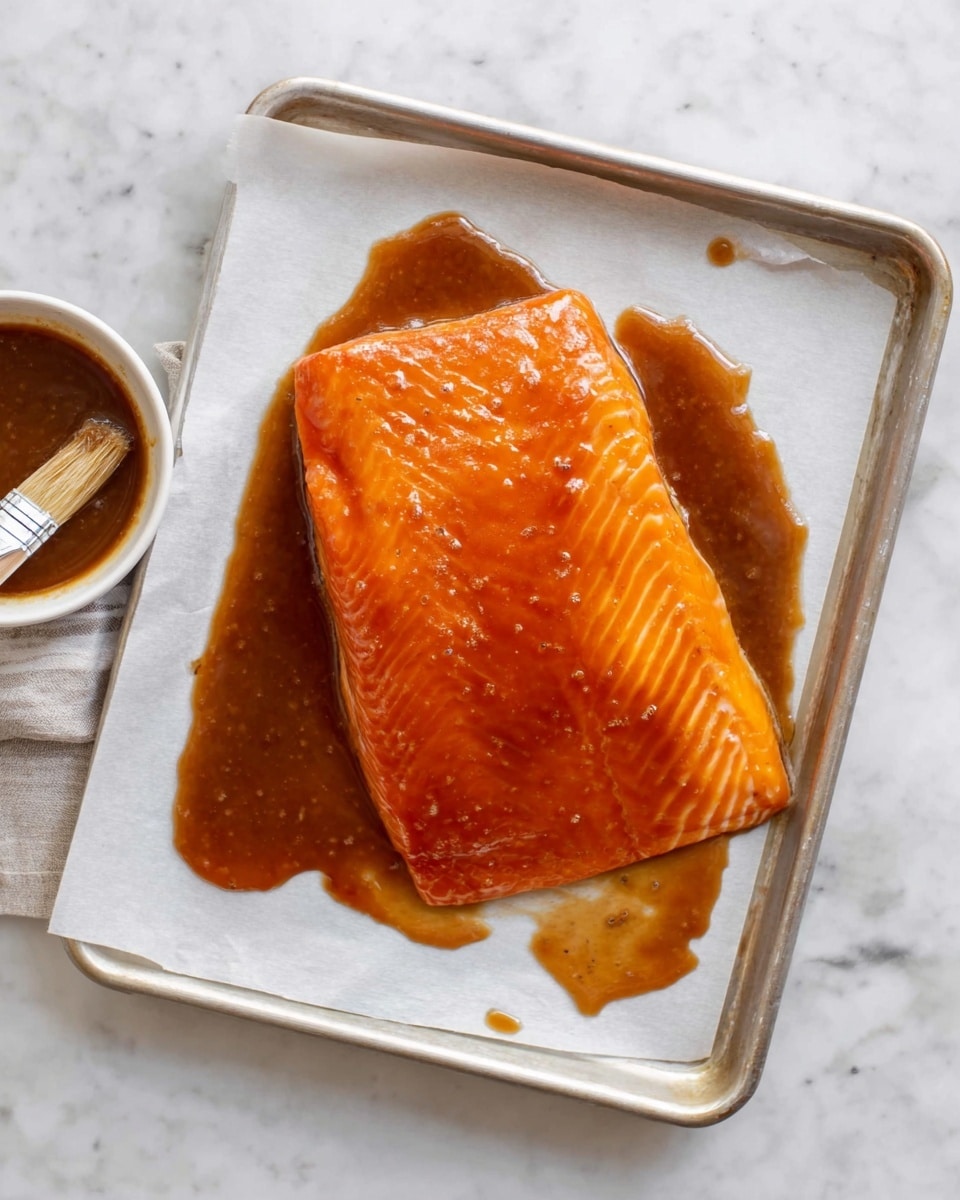 A single large piece of cooked salmon with bright orange color sits on a white parchment paper-lined metal tray. The salmon is covered with a shiny brown sauce that spreads underneath it on the paper. To the side, a white bowl with a brush inside is partially visible on a white marbled surface. Photo taken with an iphone --ar 4:5 --v 7