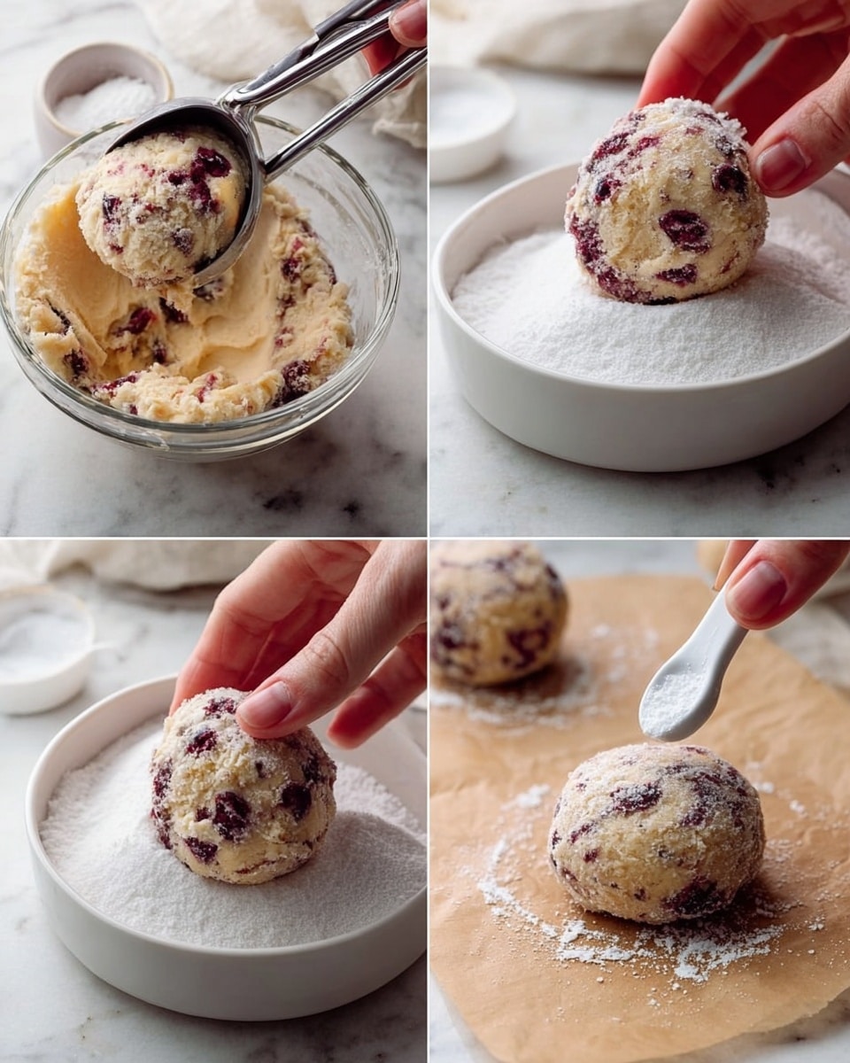 The image shows four close-up steps of making small berry cookie dough balls. The top left section has a metal ice cream scooper held by a woman's hand scooping uneven, creamy beige dough with dark red berry swirls inside a clear glass bowl. The top right section shows the scooper dropping a single round dough ball on top of a flat layer of white sugar in a white bowl, with the texture of the dough ball rough and mixed with dark berry spots. The bottom left section shows a woman's hand gently rolling a dough ball coated evenly in white sugar while resting in the bowl. The bottom right section shows the dough ball placed on brown parchment paper, covered in sugar, with a white measuring spoon held by a woman's hand pressing it softly on top, slightly flattening the dough ball. The background has a white marbled texture, and the lighting is soft and natural. Photo taken with an iphone --ar 4:5 --v 7