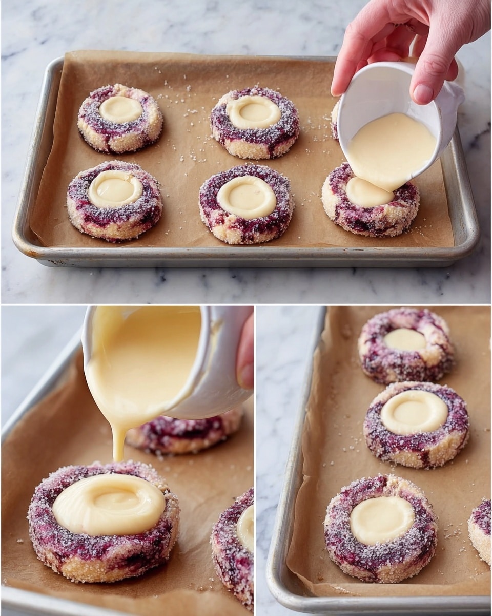 The image shows a baking tray lined with brown parchment paper on a white marbled surface, holding seven round dough pieces with a purple tint from berries mixed in. Each dough piece is slightly flattened with a hollow center being pressed into it by a white spoon held by a woman's hand. In the close-up shots, a thick, creamy, light beige filling is being poured into the hollow centers of the dough. The dough edges are textured with sugar crystals, giving a sparkling effect, and the filling sits smoothly and evenly in each center. The final view shows the filled dough pieces ready for baking, with a soft contrast between the purple-speckled dough and the creamy filling. Photo taken with an iphone --ar 4:5 --v 7