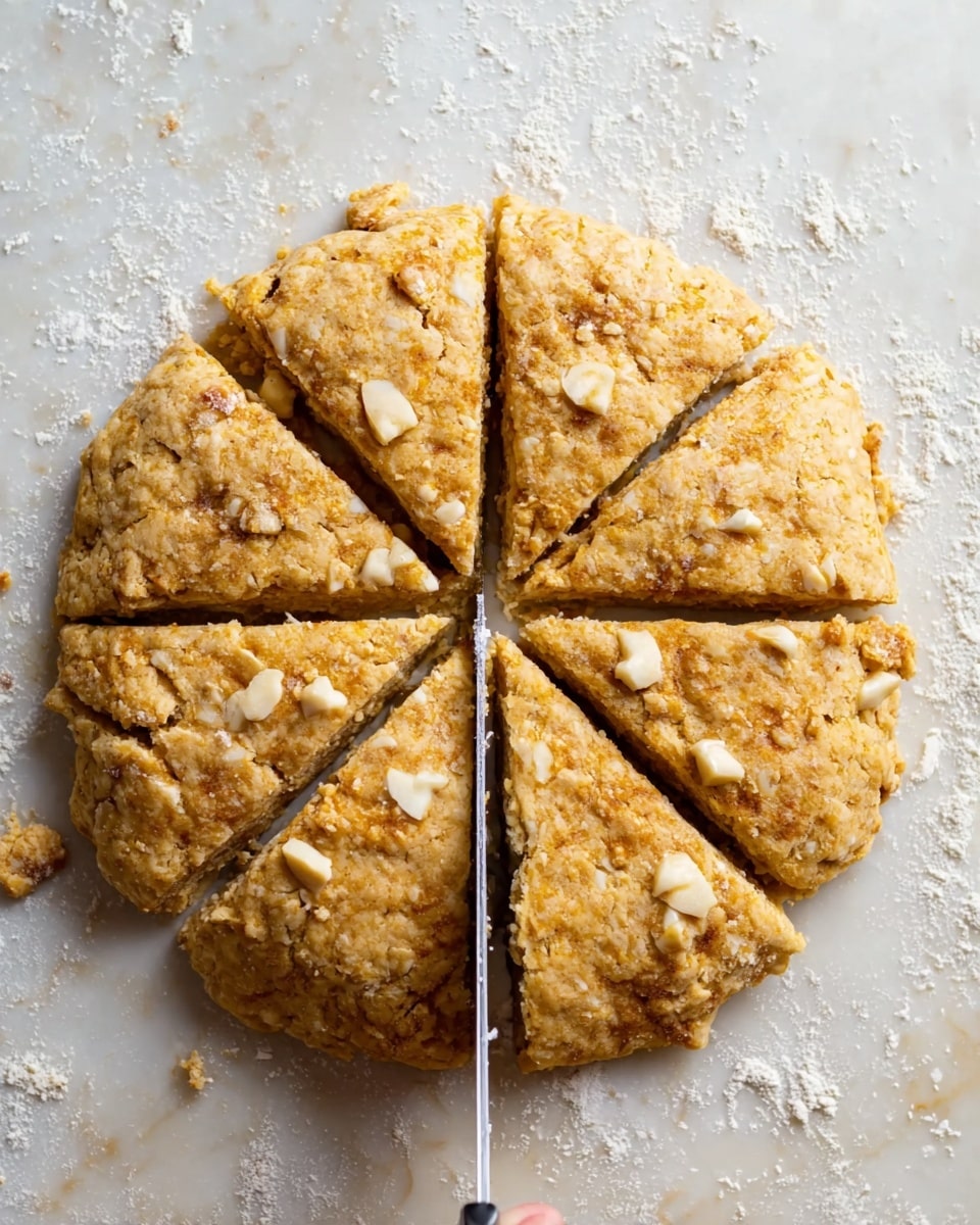 A round, golden-brown dough is on a white marbled surface sprinkled with flour. The dough is thick and rough-textured, studded with chunks of white nuts or cheese pieces. It is divided into eight triangular slices with a knife held by a woman's hand at the bottom of the image. The dough has a crumbly, rustic look and clear line cuts showing the slices. photo taken with an iphone --ar 4:5 --v 7