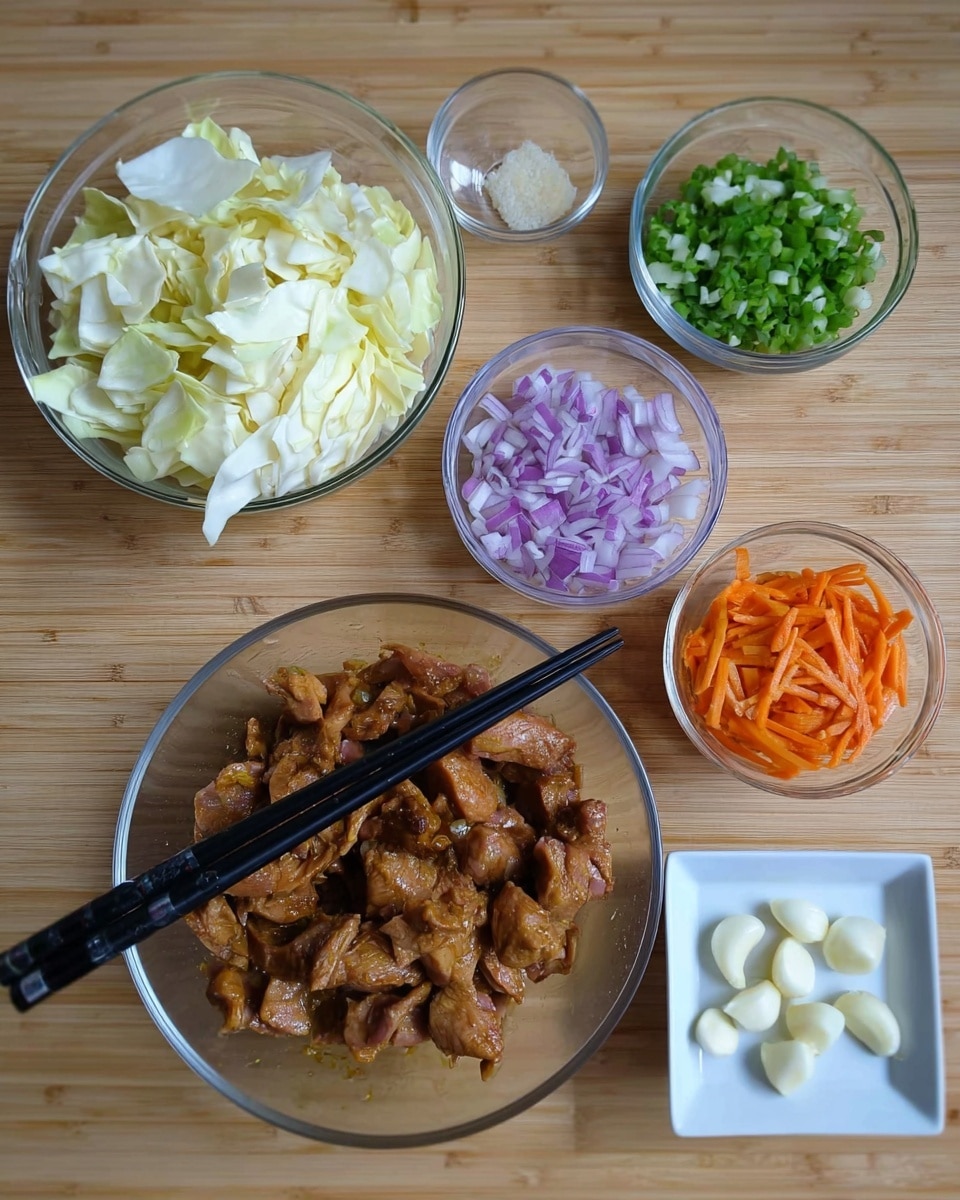 The image shows six clear bowls arranged on a light brown wooden surface. The largest bowl on the left is filled with pale yellow cabbage pieces, while the largest bowl on the right contains brown marinated chicken pieces with black chopsticks resting on top. Behind these are three smaller clear bowls lined up: one with light purple chopped onions, the middle with green chopped spring onions, and the last with thin, orange carrot sticks. To the right of this row, there is a very small white square dish holding small white garlic pieces. Photo taken with an iphone --ar 4:5 --v 7