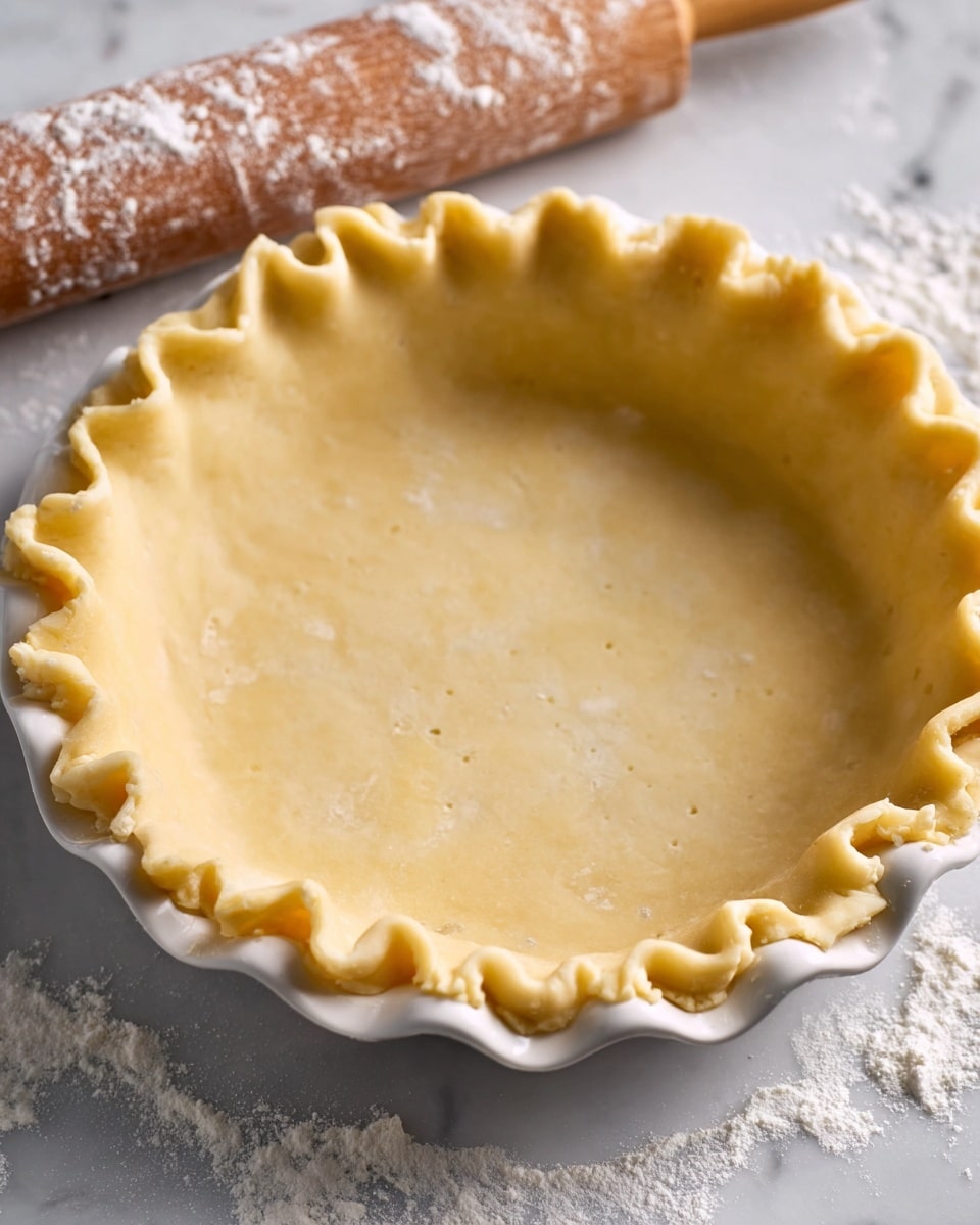 A white pie dish holds an unbaked pie crust with a light yellow dough. The crust edges are decorated with a wavy, crimped pattern all around. The dough surface is smooth with small fork holes in the center. The dish sits on a white marbled surface dusted with flour, and a wooden rolling pin covered in flour lies partly in the background. photo taken with an iphone --ar 4:5 --v 7