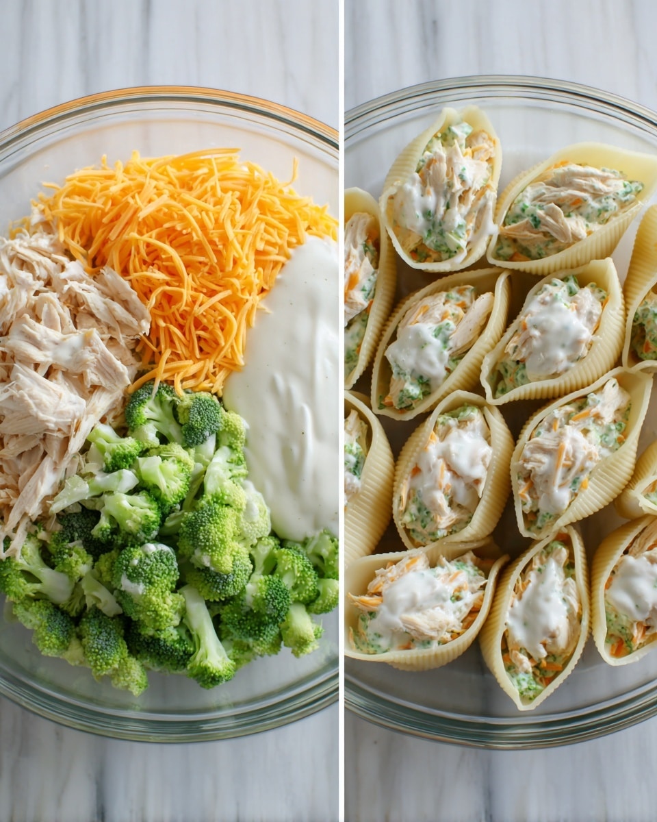 The image shows two side-by-side pictures: on the left, there is a clear glass bowl on a white marbled surface filled with five layers of ingredients including bright green broccoli florets in the bottom left, pale shredded chicken chunks on the top right, orange shredded cheddar cheese on the bottom right, light shredded mozzarella cheese on the top left, and a creamy white sauce poured over the center. On the right side, many large white pasta shells filled with the mixed ingredients from the left bowl are neatly placed close together showing a mix of white, green, and orange colors from the sauce, broccoli, cheese, and chicken inside each shell, all on a white marbled surface. Photo taken with an iphone --ar 4:5 --v 7