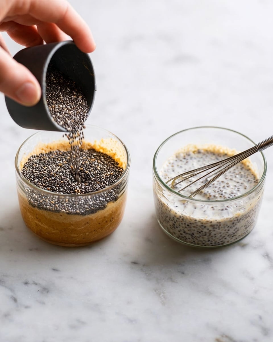 The image shows two glass bowls on a white marbled surface. In the left bowl, the bottom layer is a light brown liquid, topped by a thick layer of small black chia seeds being poured from a black measuring cup. The right bowl shows a similar mixture but now stirred, with the chia seeds suspended in a cloudy white liquid. A woman's hand holds a small whisk mixing the seeds and liquid together. photo taken with an iphone --ar 4:5 --v 7