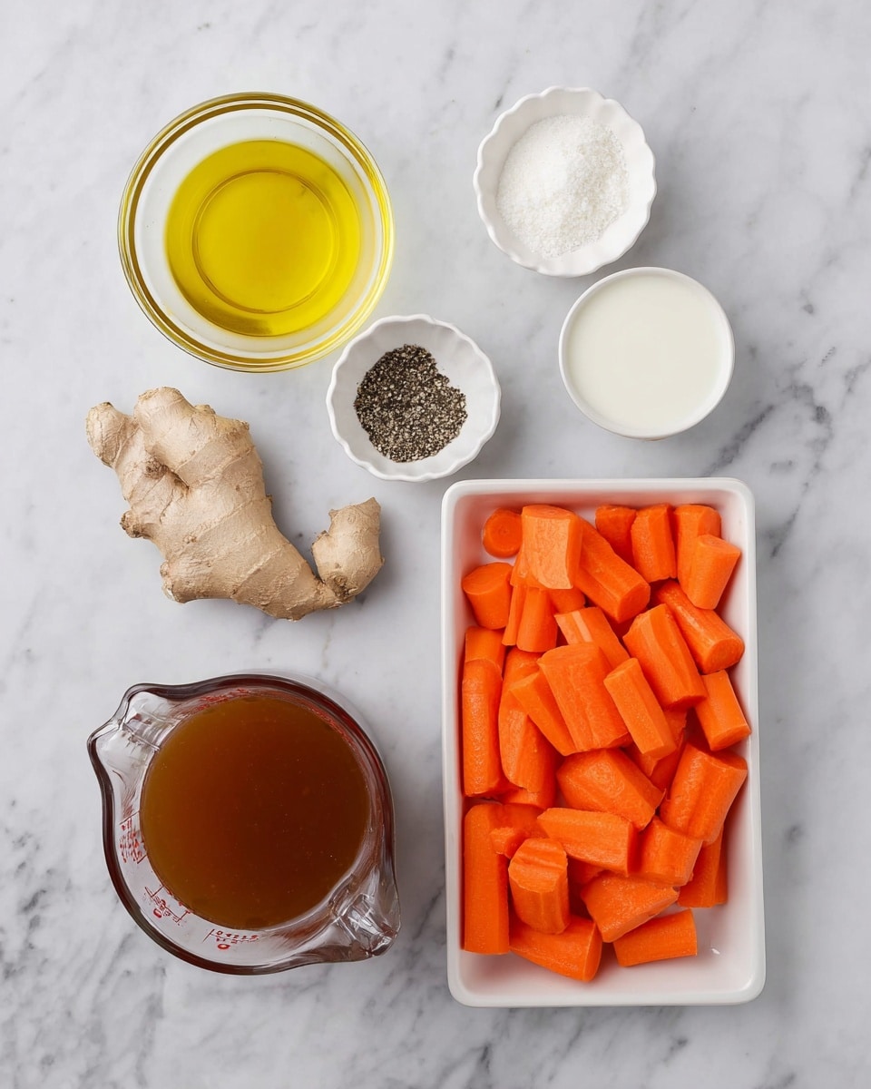 The image shows six ingredients on a white marbled surface, arranged neatly. On the top left is a small clear glass bowl filled with yellow oil. Next to it is a small white scalloped bowl holding white salt and ground black pepper side by side. Below these is a thick piece of fresh ginger root placed alone. On the right side near the top is a small clear glass bowl filled with white liquid. Below the bowls is a white rectangular tray full of medium-sized bright orange carrot pieces cut into chunks. To the left bottom is a clear measuring cup filled with brown liquid, likely broth. The colors contrast well on the clean white marbled surface. photo taken with an iphone --ar 4:5 --v 7