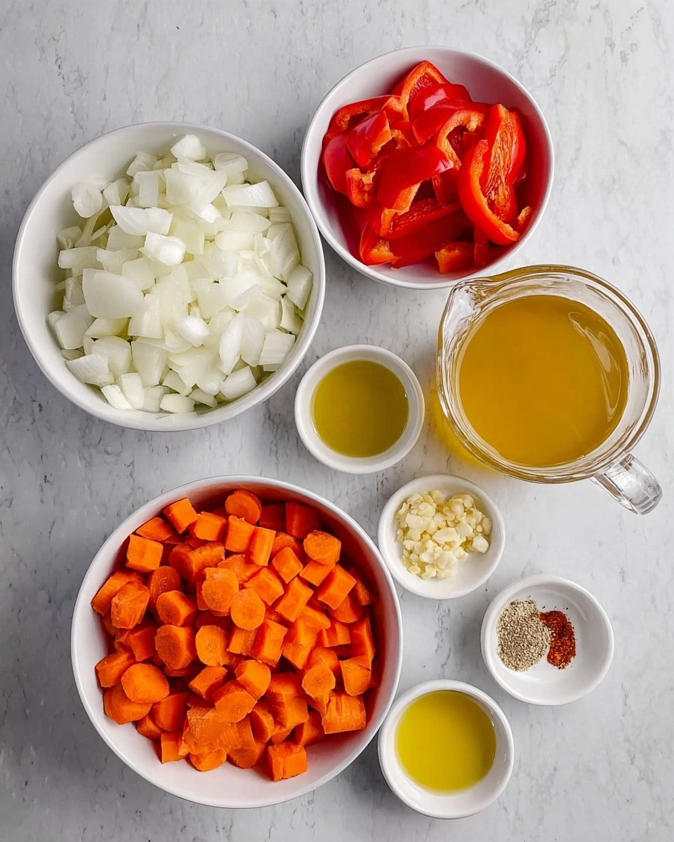 The image shows several white bowls and small dishes arranged on a white marbled surface, each containing different ingredients. In the center, there is a white bowl filled with bright orange chopped carrots. Below this, another white bowl holds chopped white onions with a slightly glossy texture. Above the carrots, a white bowl contains red bell pepper slices with a shiny, smooth surface. To the right, there is a glass pitcher filled with light yellow liquid broth. Around these main bowls, smaller white dishes hold minced garlic with a pale yellow color, a small amount of fennel seeds, a light yellow viscous liquid, and two small dishes of olive oil with a golden yellow hue. The colors range from bright orange and red to pale white and yellow, creating a fresh and colorful arrangement photo taken with an iphone --ar 4:5 --v 7