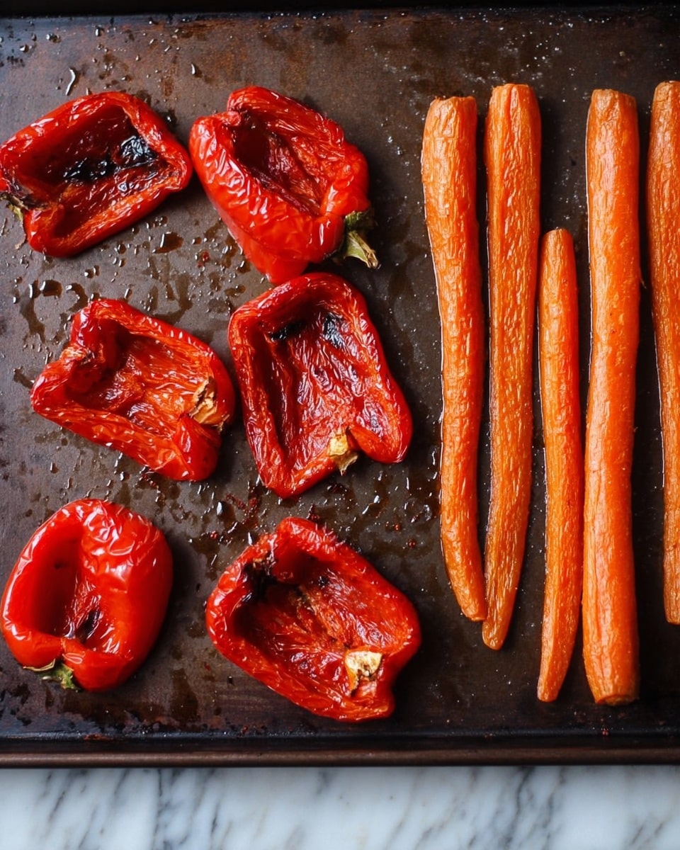 The image shows a dark baking tray with roasted vegetables placed on it, set against a white marbled surface. There are six pieces of roasted red bell peppers scattered on the left side, each with a wrinkled, shiny texture and some blackened edges. On the right side, there are five roasted orange carrots, positioned vertically in a neat line. The carrots have a glossy surface with slight browning spots near the top. The tray appears to have small droplets of oil spread across it. Photo taken with an iphone --ar 4:5 --v 7