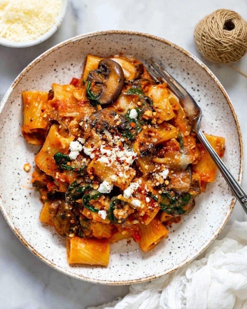 Cheesy Pumpkin Pasta Bake with Mushrooms, Spinach, and Walnut-Sage Topping Recipe