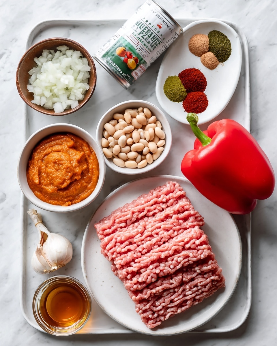 The image shows a white tray with several ingredient bowls and items neatly placed on it, all set on a white marbled surface. In the center right, there is a white plate with light pink raw ground meat arranged in even, thin layers lying flat. Above it, a white bowl contains four different colored spices including red, green, brown, and dark red powders, each sectioned next to each other. To the top left, there is a small brown bowl filled with finely chopped white onions. Below it, a small white bowl holds light beige beans. To the left center, a tiny white bowl contains peeled garlic cloves, while below that, another white bowl is filled with a thick, orange paste. Toward the bottom right, a vibrant red bell pepper rests next to a can of diced tomatoes with a colorful label and a small glass cup filled with brown liquid, possibly broth. The whole arrangement looks clean and organized, ready for cooking. photo taken with an iphone --ar 4:5 --v 7