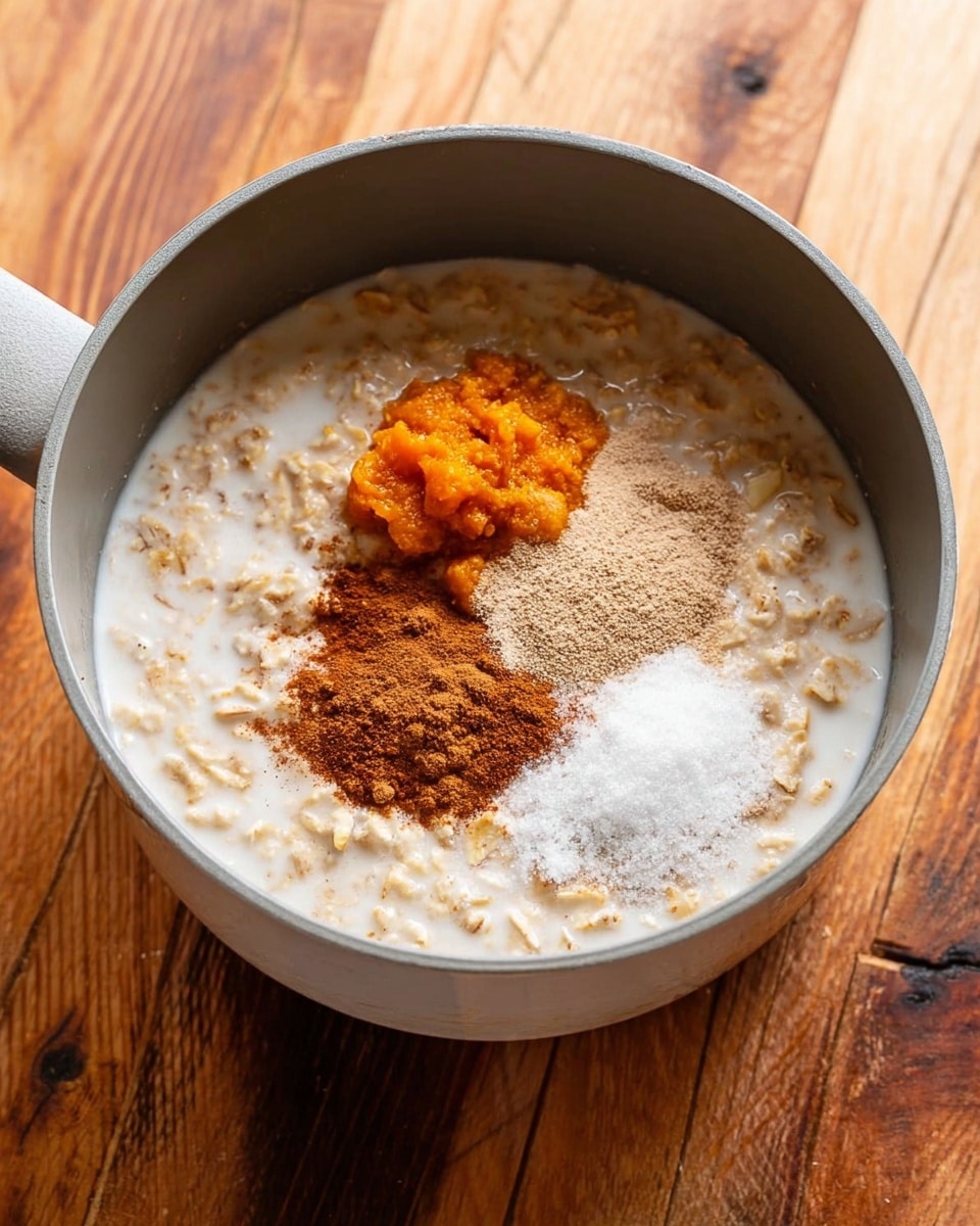 A round white pot with a soft gray inside is filled with light beige oatmeal soaked in white milk. On top, in the center, are three piles of different spices and ingredients: a bright orange scoop of pumpkin puree, a heap of light brown cinnamon powder, and a smaller pile of white salt powder. The pot rests on a wood surface with visible grains and knots. photo taken with an iphone --ar 4:5 --v 7