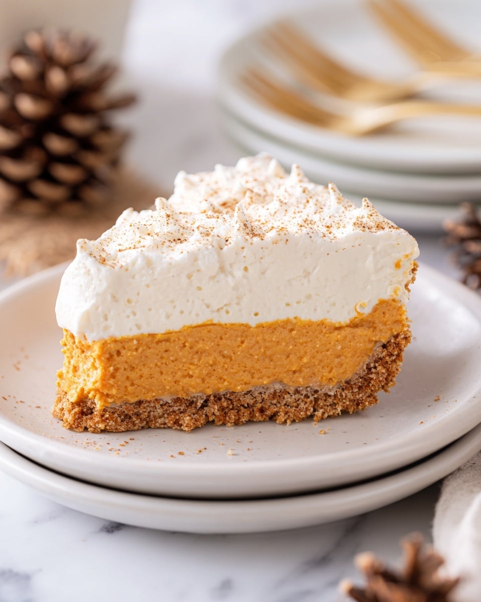 A slice of pie on a white plate with three layers: the bottom layer is a crumbly light brown crust, the middle layer is thick and orange with a smooth texture, and the top layer is white and fluffy, sprinkled lightly with brown spice. The plate is on a white marbled surface, with pine cones near it and some white plates and gold forks blurred in the background. photo taken with an iphone --ar 4:5 --v 7