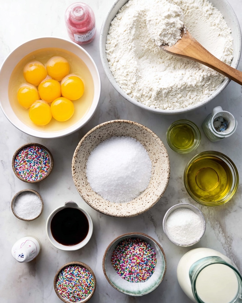 The image shows several baking ingredients arranged on a white marbled surface. In the top right, a large bowl is filled with white flour with a light wooden spoon resting in it. Below it, there is a medium white bowl with six raw eggs showing yellow yolks and clear whites. To the left, a white bowl holds white granulated sugar with a wooden spoon inside. Next to it, a small white bowl is filled with small, colorful round sprinkles. Above that is a small bowl with dark brown liquid, likely vanilla extract. Nearby, a small bowl of white powder, possibly baking powder, is beside a wooden bowl with a small amount of salt. A clear glass jar of white liquid, probably milk, is near the top left. Additionally, there is a clear glass pitcher with yellow oil on the right side. The overall setting is neat and organized for baking. Photo taken with an iphone --ar 4:5 --v 7