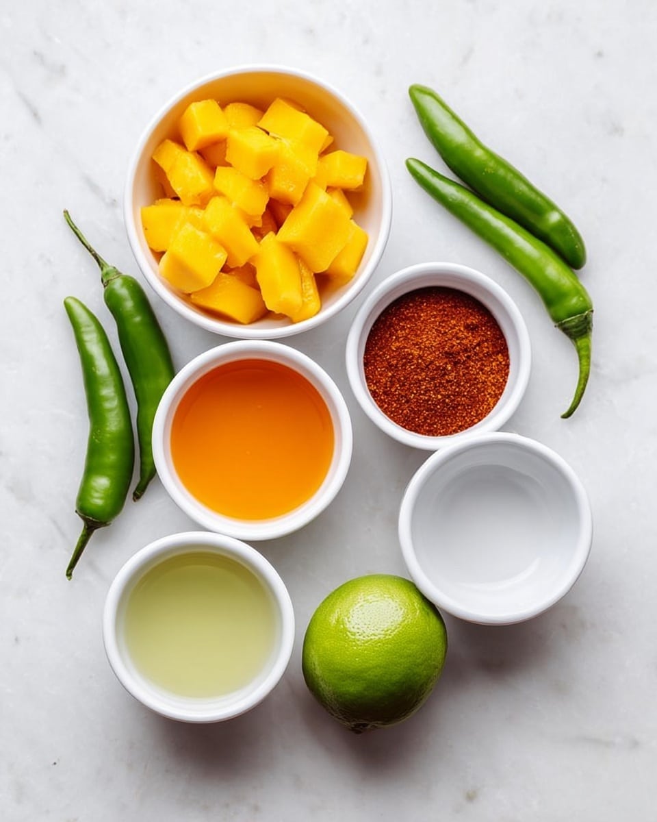 The image shows seven small white bowls and two green chili peppers arranged on a white marbled surface. One bowl contains bright yellow diced mango pieces with a firm texture, another bowl holds an orange liquid, likely juice, smooth in texture. A third bowl is filled with red-brown chili powder, grainy and finely ground. One bowl has a pale green liquid, possibly lime juice. Two bowls are empty and glossy white inside. A whole green lime with a smooth, shiny skin is placed in the center. Two fresh green chili peppers with smooth, shiny skins lie on the top left. The setup is neat and simple, highlighting the fresh and vibrant ingredients. Photo taken with an iphone --ar 4:5 --v 7