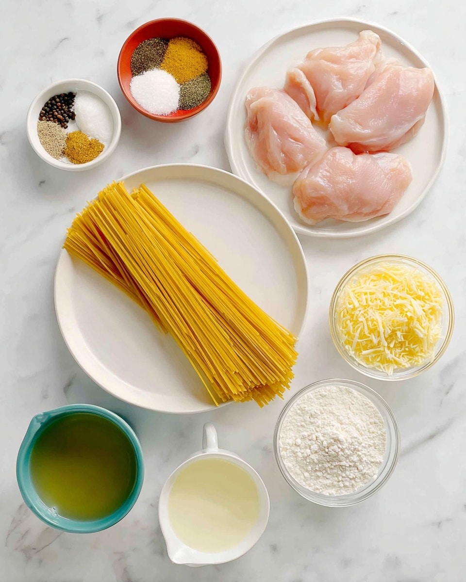 The image shows several ingredients for cooking, all laid out on a white marbled surface. In the center, there is a white plate holding a bundle of dry spaghetti pasta with a golden yellow color. Above it and slightly to the right, another white plate holds four pieces of raw pale pink chicken meat. To the top left, a small red bowl contains different spices in sections: black, white, and yellow powders. Below it, a white bowl is filled with white flour. At the bottom left, a teal cup has green liquid inside, and next to it, a white bowl holds a clear, light yellow liquid. On the bottom right side, there is a small clear glass bowl with minced garlic, black pepper, and bright yellow zest. Above this, a clear measuring cup is filled with milk, and next to it, a small clear cup contains light yellow shredded cheese. photo taken with an iphone --ar 4:5 --v 7