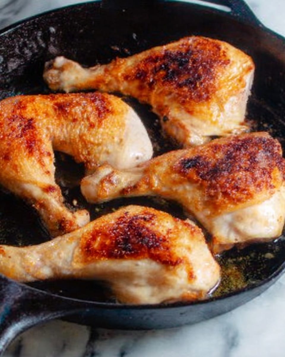 The image shows four cooked chicken legs in a black cast iron pan. Each leg has a golden brown, crispy skin with some darker browned spots, showing that they are well roasted. The chicken pieces fill the pan evenly, and you can see some light oil or juices gathered around them. The surface under the pan is a white marbled texture. Photo taken with an iphone --ar 4:5 --v 7