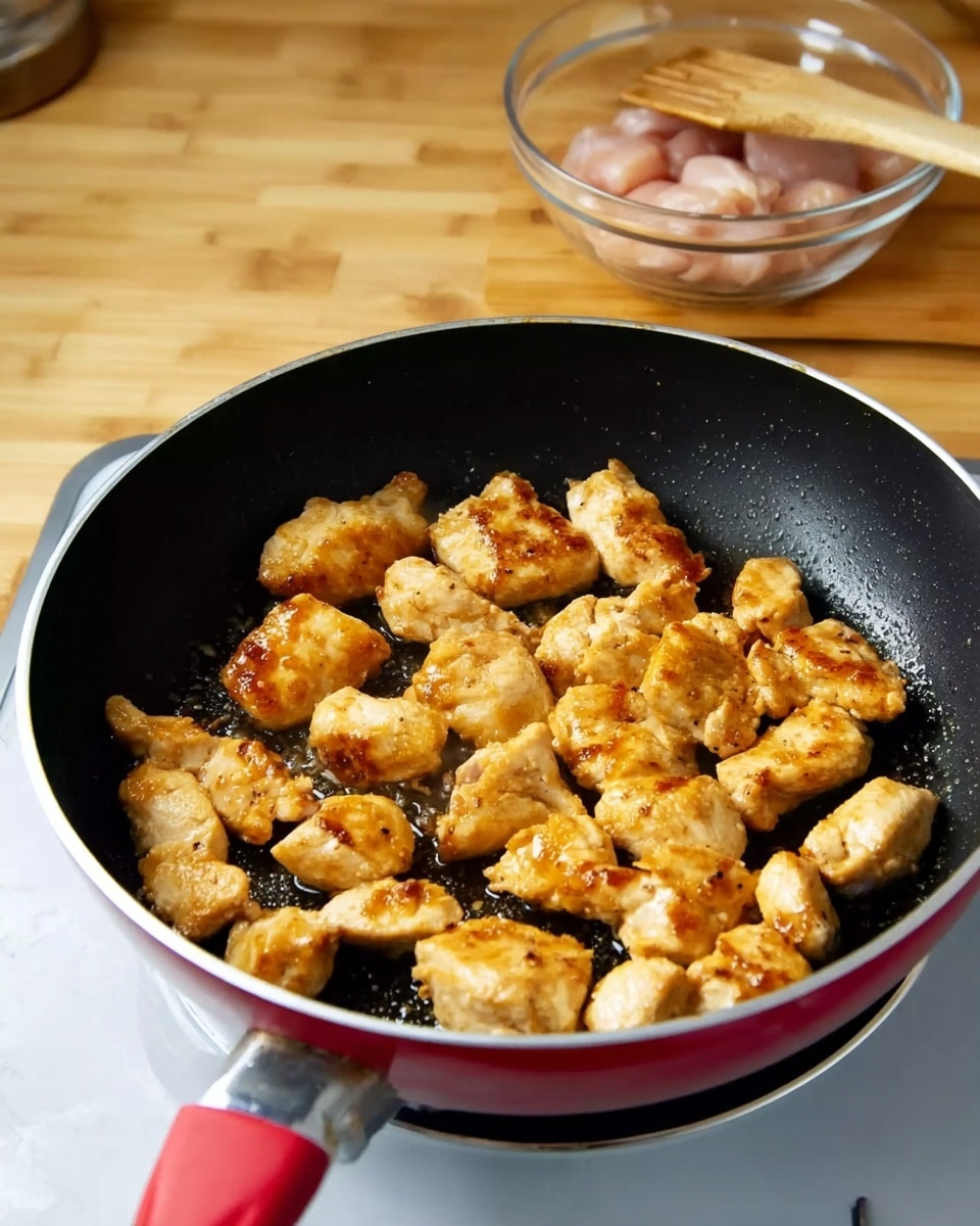 A black frying pan with a red outside edge sits on a stove, filled with small golden brown pieces of cooked chicken arranged evenly across the pan’s surface, showing a slightly shiny and textured look. In the background, there is a clear glass bowl with raw chicken pieces and a wooden spatula resting on a light wood counter. The setting is on a white marbled surface. photo taken with an iphone --ar 4:5 --v 7
