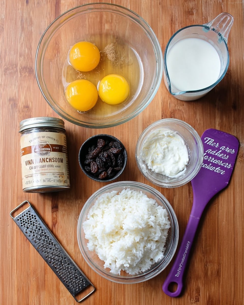 A clear glass bowl holds two cracked yellow egg yolks with the egg whites around them, positioned near the center left. Next to it on the right is a smaller clear glass measuring cup filled with white milk, and below that is an open can of thick white coconut cream. A larger clear glass bowl filled with white cooked rice is placed at the front center. To the left of the rice bowl, there is a small jar labeled Vietnamese Cinnamon and a metal grater, with a black measuring cup filled with dark raisins in front of them. On the right side of the image, a purple spatula with white text that reads