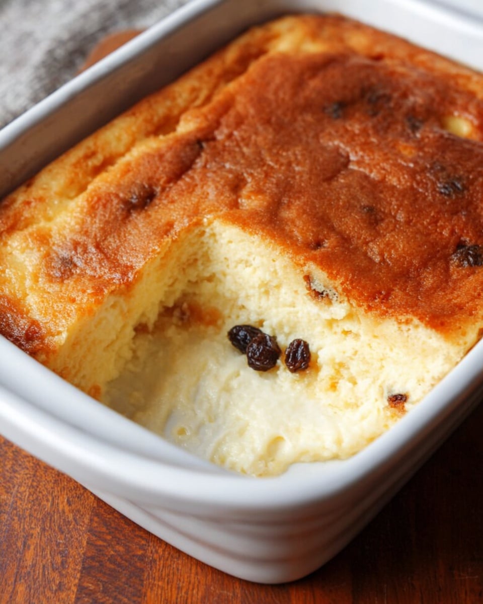 A white baking dish filled with a golden brown baked pudding that has a firm top layer with a slightly darker center. One section is scooped out, revealing a thick creamy layer underneath that is pale yellow with a soft texture. At the bottom edge of the scooped-out part, there are dark raisins nestled in the pudding. The baking dish is placed on a wooden surface. photo taken with an iphone --ar 4:5 --v 7