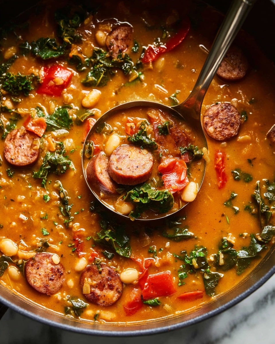 A close-up of a black pan filled with a rich, thick soup. The soup has a warm orange-brown color with visible green kale pieces, chunks of red bell pepper, and small white beans or lentils. Slices of browned sausage float on the surface, adding a darker reddish-brown color. A silver ladle rests in the soup, filled with a mix of the ingredients, showing the texture and thickness of the soup. The background is a white marbled surface. photo taken with an iphone --ar 4:5 --v 7