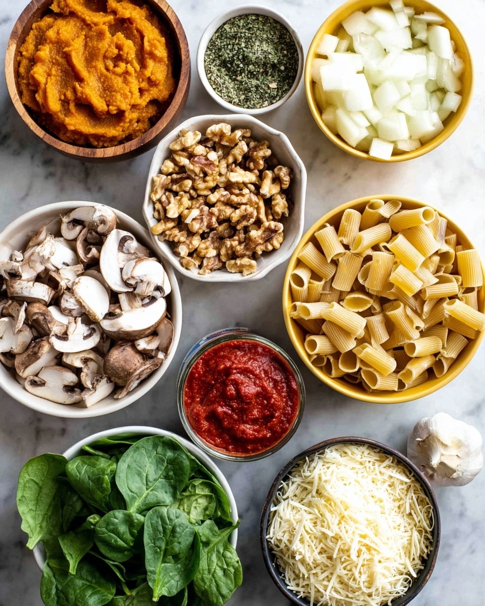 Several small white bowls and one can are arranged on a white marbled surface, each filled with different colorful ingredients. At the center, a small wooden bowl holds chopped walnuts, and above it, a white bowl has dried green herbs. To the right, two yellow bowls contain chopped white onions and sliced brown mushrooms. Below them, a white bowl is full of uncooked rigatoni pasta, and beside it, a black bowl holds shredded mozzarella cheese. A white bowl with fresh green spinach leaves is near the pasta. There's a small brown bowl with bright red tomato paste and a small white bowl with minced garlic. A partially open can of orange pumpkin puree sits in the bottom left corner. The colors and textures vary from leafy greens, smooth pastes, crunchy nuts, and firm pasta, all well organized. Photo taken with an iphone --ar 4:5 --v 7