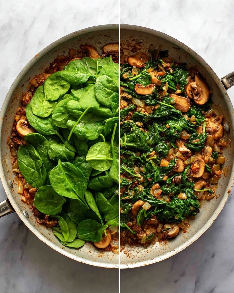 The image shows a cooking pan with two different views side by side. On the left side, the pan has a base layer of cooked food that is brownish with sliced mushrooms and some small pieces, topped with a thick layer of fresh, bright green spinach leaves covering most of the pan. On the right side, the spinach is cooked down, mixing with the brownish base layer that includes mushrooms and small diced vegetables, showing a mix of dark green and brown colors with a soft texture. The pan sits on a white marbled surface. Photo taken with an iphone --ar 4:5 --v 7
