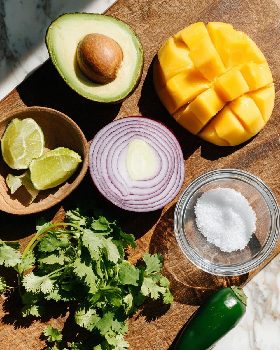 A wooden surface holds a fresh, halved avocado with its brown seed visible near the center, surrounded by bright green cilantro leaves on both sides. Next to the avocado is a sliced red onion showing purple and white rings, and a half mango with its bright orange flesh neatly cubed. Two lime wedges with yellow-green skin are placed in a small wooden bowl near a transparent glass bowl filled with white salt. A dark green jalapeño is visible at the bottom against the wood surface. The whole setup is lit by bright sunlight, creating sharp shadows on a white marbled texture --ar 4:5 --v 7