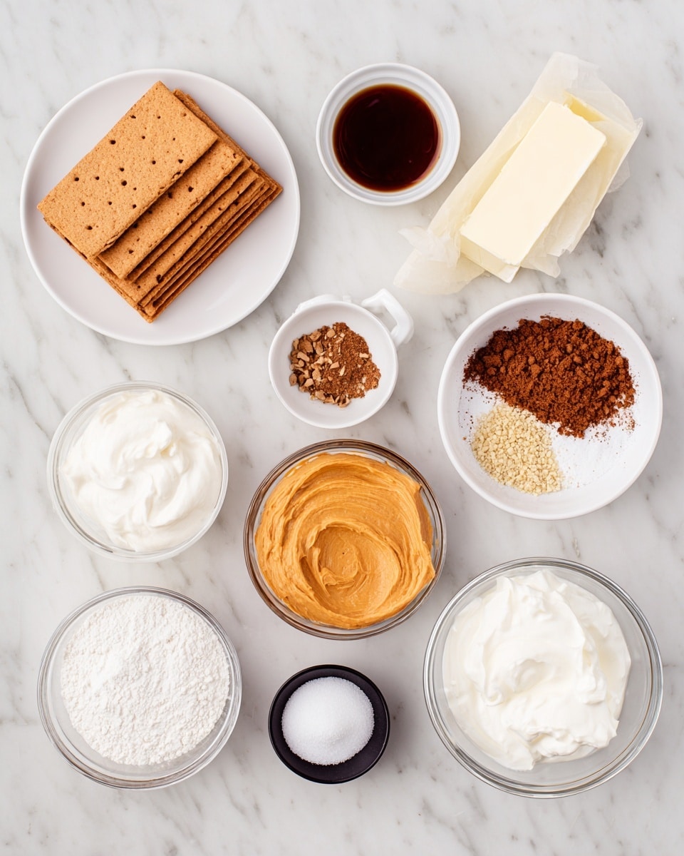 The image shows several white dishes arranged on a white marbled surface, each with a different baking ingredient. There is a white plate holding a stack of rectangular crackers on the left. Surrounding it, from top left going clockwise, are small white bowls with dark brown liquid, brown spice powder, light brown crumbly mixture, a block of cream cheese, a stick of butter in its wrapper, a clear bowl of white cream, and a bowl of white powdered sugar. In the middle is an orange smooth paste in a glass bowl and next to it a small black bowl filled with white granulated sugar. Photo taken with an iphone --ar 4:5 --v 7