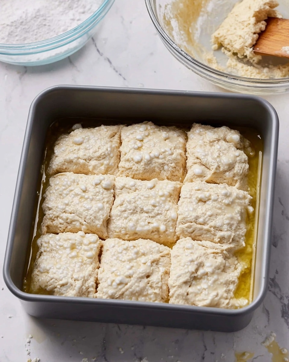 The image shows a dark gray square baking pan placed on a white marbled surface. Inside the pan, there are two clear layers visible. The bottom layer is a bright yellow, smooth liquid spread evenly across the pan's base. On top, there is a thick, creamy, off-white batter with a textured surface that looks soft and slightly uneven. The batter covers the yellow layer in the middle of the pan, leaving some yellow liquid visible along the edges. The photo taken with an iphone --ar 4:5 --v 7