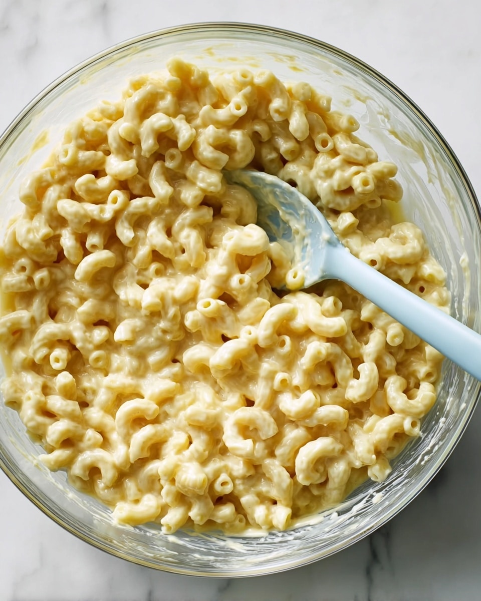 A clear glass bowl holds cooked elbow macaroni mixed in with a creamy, slightly yellow cheese sauce. The pasta is soft and evenly coated, creating a uniform layer of thick sauce covering each piece. A light blue silicone spoon rests inside the bowl, positioned toward the right side and partially submerged in the pasta. The bowl sits on a white marbled surface that glows softly under natural light, highlighting the smooth texture of the sauce and the pasta’s curved shapes. photo taken with an iphone --ar 4:5 --v 7