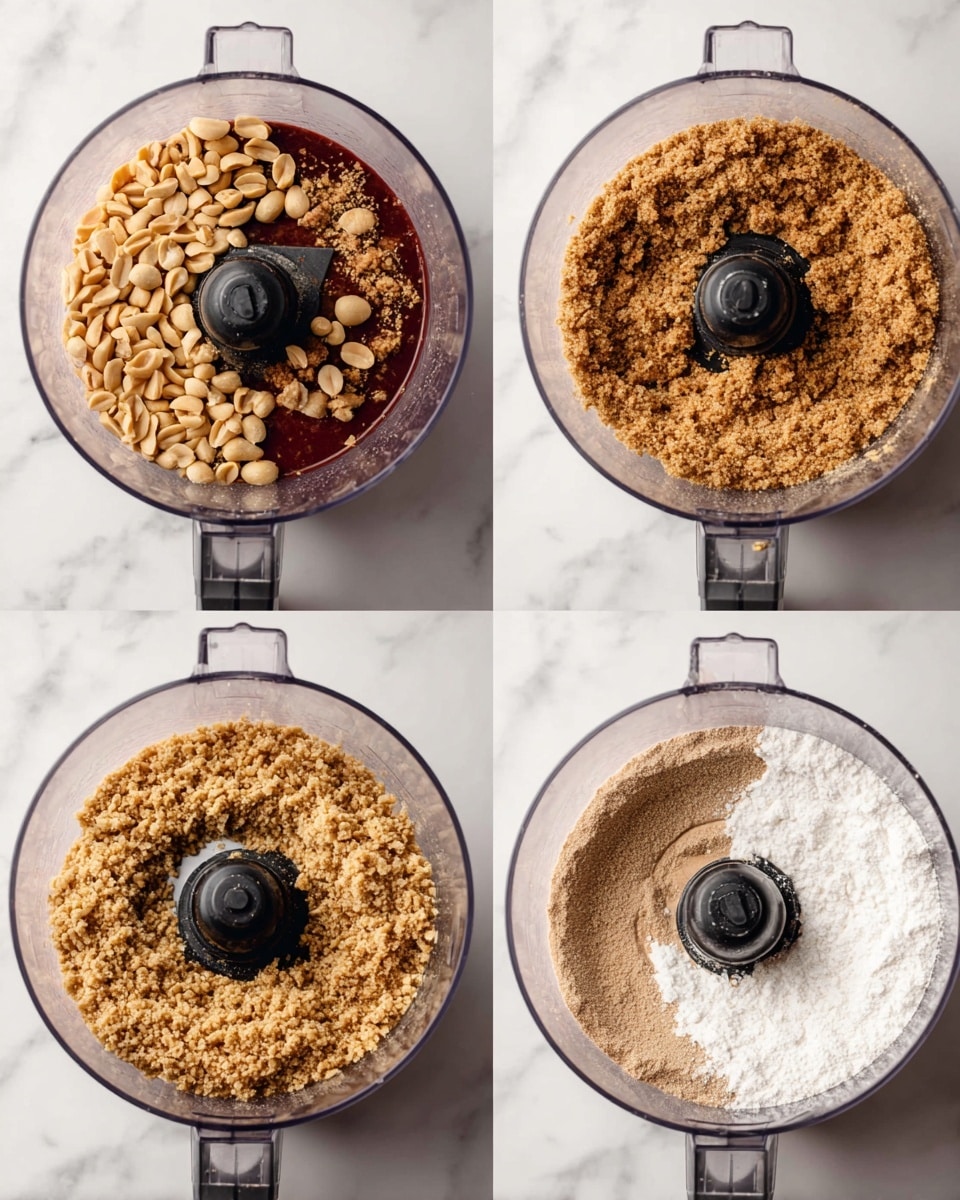 The image shows four close-up shots from above of a clear food processor bowl on a white marbled surface. The first shot has a layer of whole light brown peanuts on top of a dark red base inside the bowl, with the black blade visible in the center. The second shot shows a layer of crushed light brown peanuts evenly spread inside the bowl, covering the dark red base around the black blade. The third shot adds a thick layer of white powder on top of the crushed peanuts around the black blade. The fourth shot shows the mixture turned into a fine, even, light brown powder filling the bowl evenly around the black blade in the center. Photo taken with an iphone --ar 4:5 --v 7