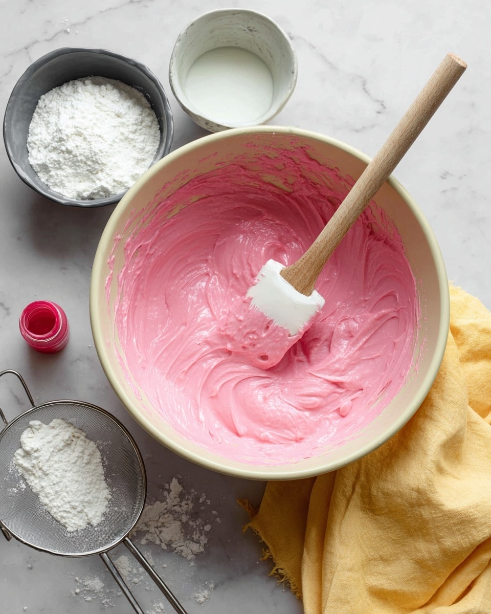 A large white bowl filled with smooth, thick pink batter with bubbles on the surface sits on a white marbled texture. A spatula with a wooden handle and white silicone head rests inside the bowl, partially covered in pink batter. Around the bowl are three small white bowls; one filled with a white liquid, another containing white powdered sugar, and a small metal sieve with powdered sugar in it. Next to these is a small bottle of red food coloring with an open cap. A yellow cloth peeks in from the bottom right corner on the white marbled surface. photo taken with an iphone --ar 4:5 --v 7