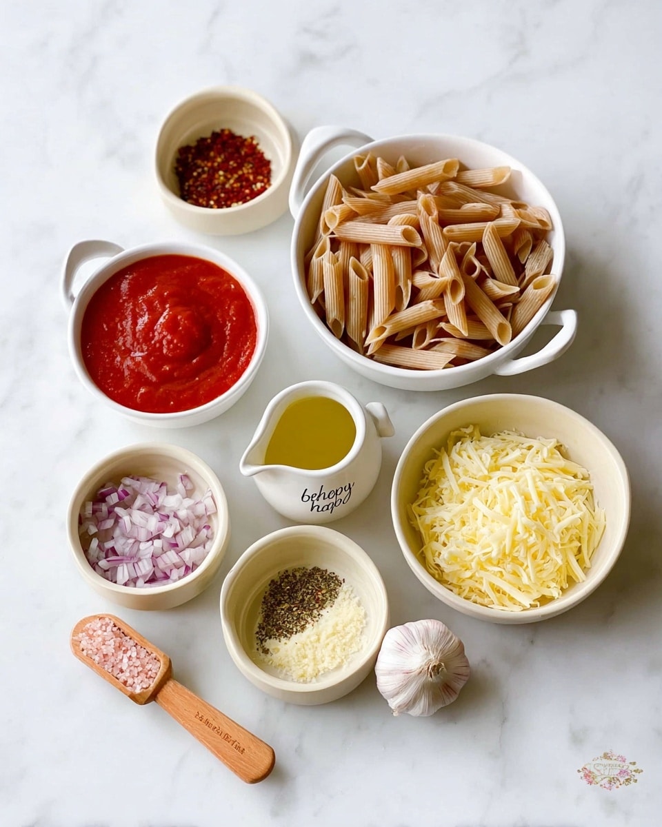 The image shows nine containers arranged on a white marbled surface. In the center, there is a white round dish filled with uncooked penne pasta, light brown in color with ridges. To the right of it, a white round bowl holds bright red tomato sauce with a smooth texture. Below the pasta dish, a small white jug with