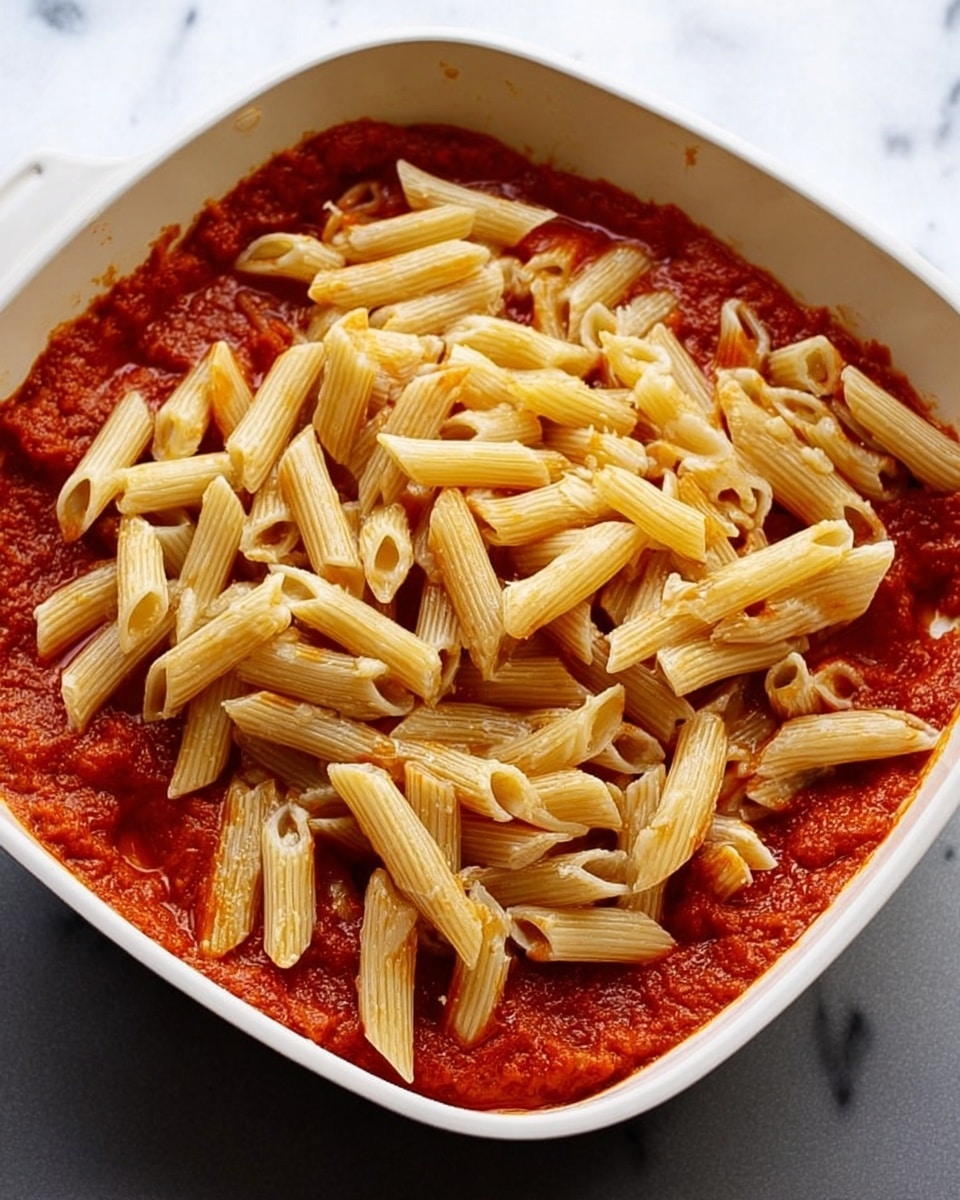 A white pan filled with a thick red tomato sauce layer at the bottom, showing some smooth and chunky textures. On top, there is one layer of plain light brown penne pasta scattered loosely, with their tubular shapes and ridged surfaces clearly visible. The background shows a white marbled texture. photo taken with an iphone --ar 4:5 --v 7
