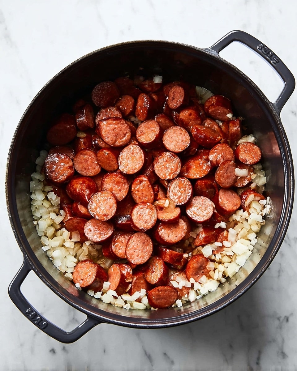 Inside a large black cast iron pot, there is a base layer of small, diced white onions scattered evenly at the bottom. On top of this, there is a thick layer of sliced round sausage pieces, browned on the edges with a reddish-brown color and a shiny texture from cooking. The pot sits on a white marbled surface, and the image is taken from above, showing the black pot handles on each side. photo taken with an iphone --ar 4:5 --v 7
