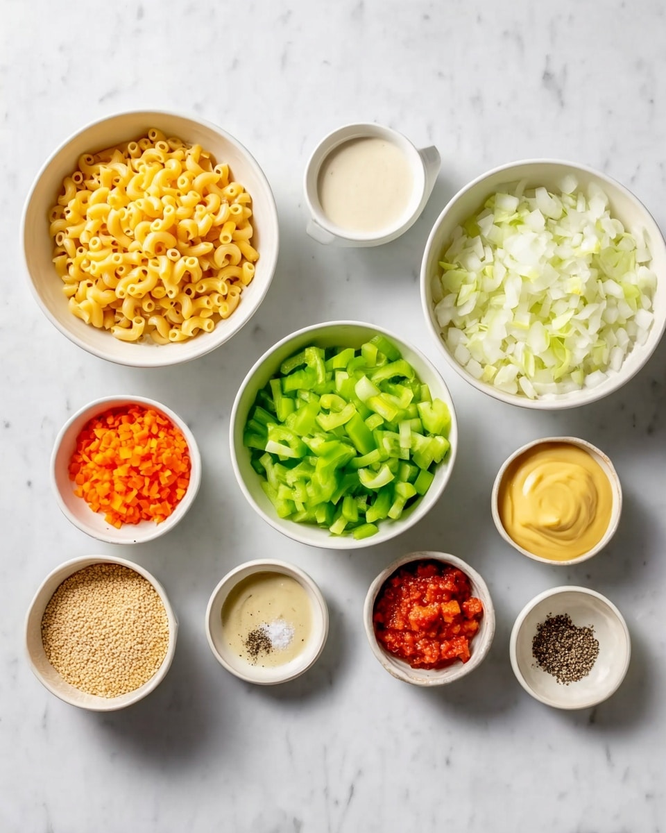 The image shows several white bowls arranged on a white marbled surface, each containing different ingredients. There is a large bowl with yellow cooked macaroni, another large bowl with chopped white onions, and a medium bowl with cut green bell peppers. Smaller bowls contain chopped celery, shredded orange carrots, a red chopped ingredient, a creamy white sauce, a bright yellow mustard-like sauce, salt, black pepper, and a beige grainy texture ingredient. Each bowl has a smooth texture, and the colors stand out well against the white marbled background. photo taken with an iphone --ar 4:5 --v 7